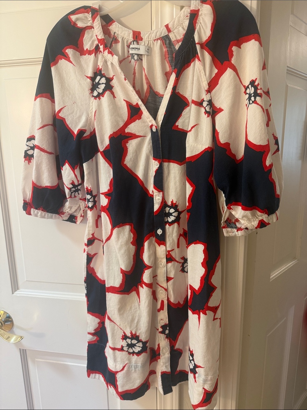 Sonoma Navy, White & Red Floral Button-Front Dress
